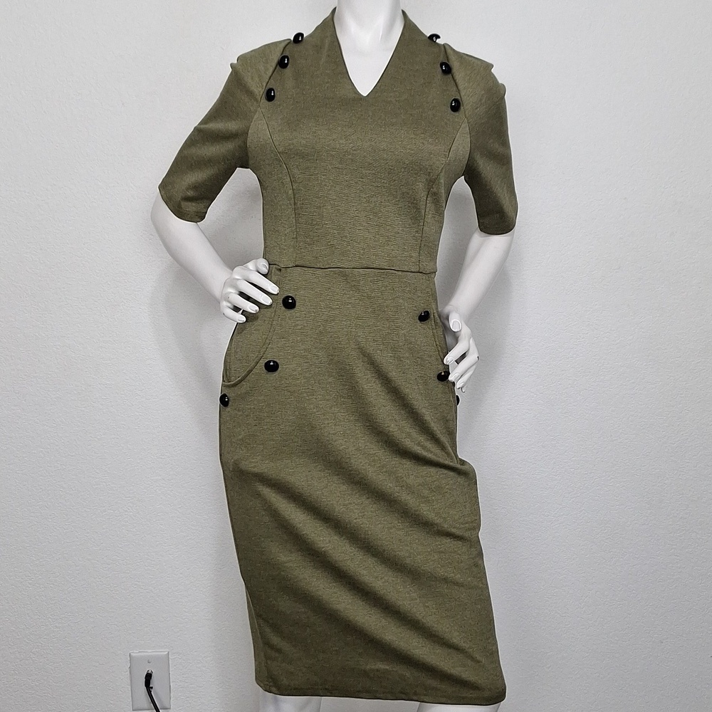 Grace Karin "NEW" Khaki Green Classic Quiet Luxury Preppy Sheath Dress Size M
